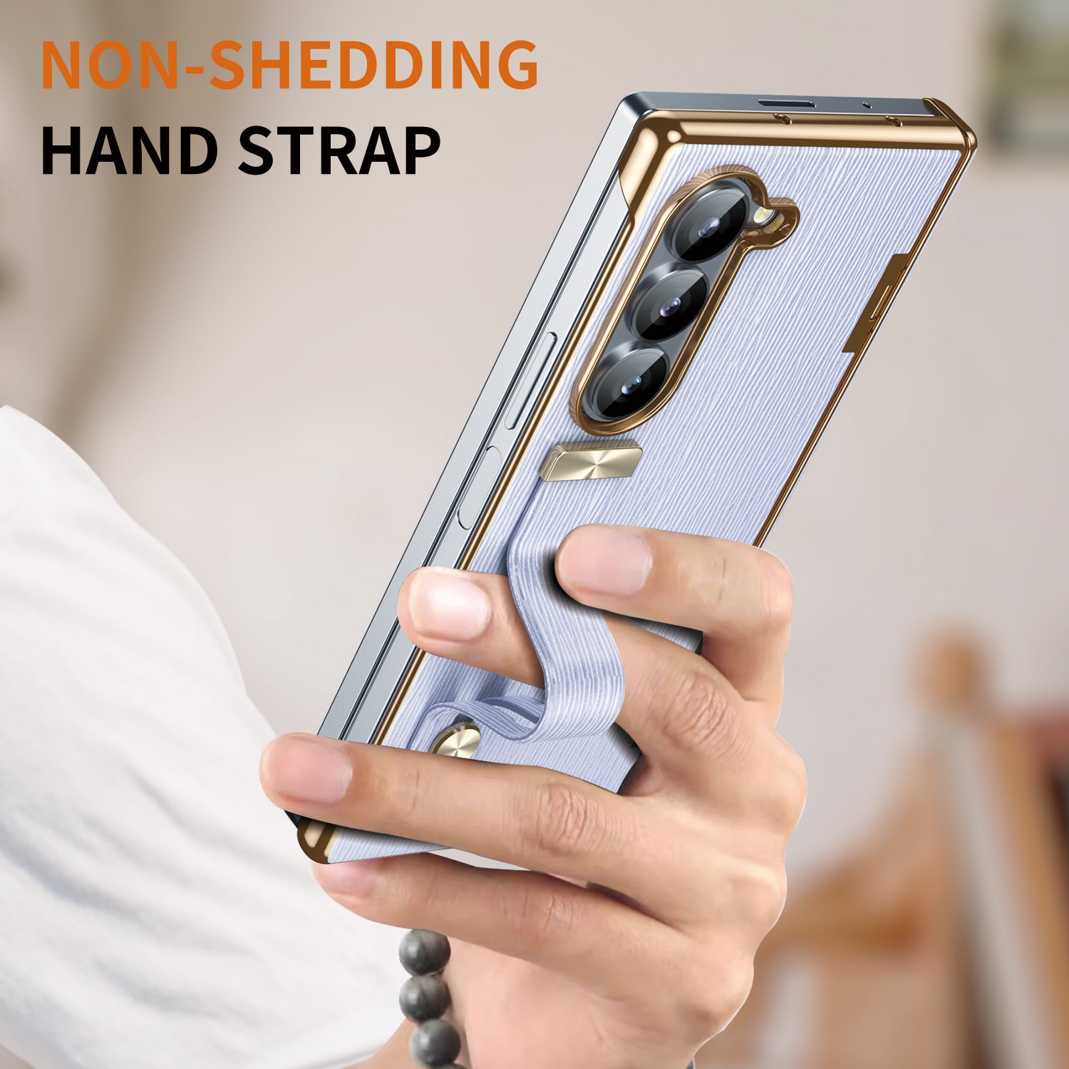 Non-shedding hand strap feature on PortaLeather case